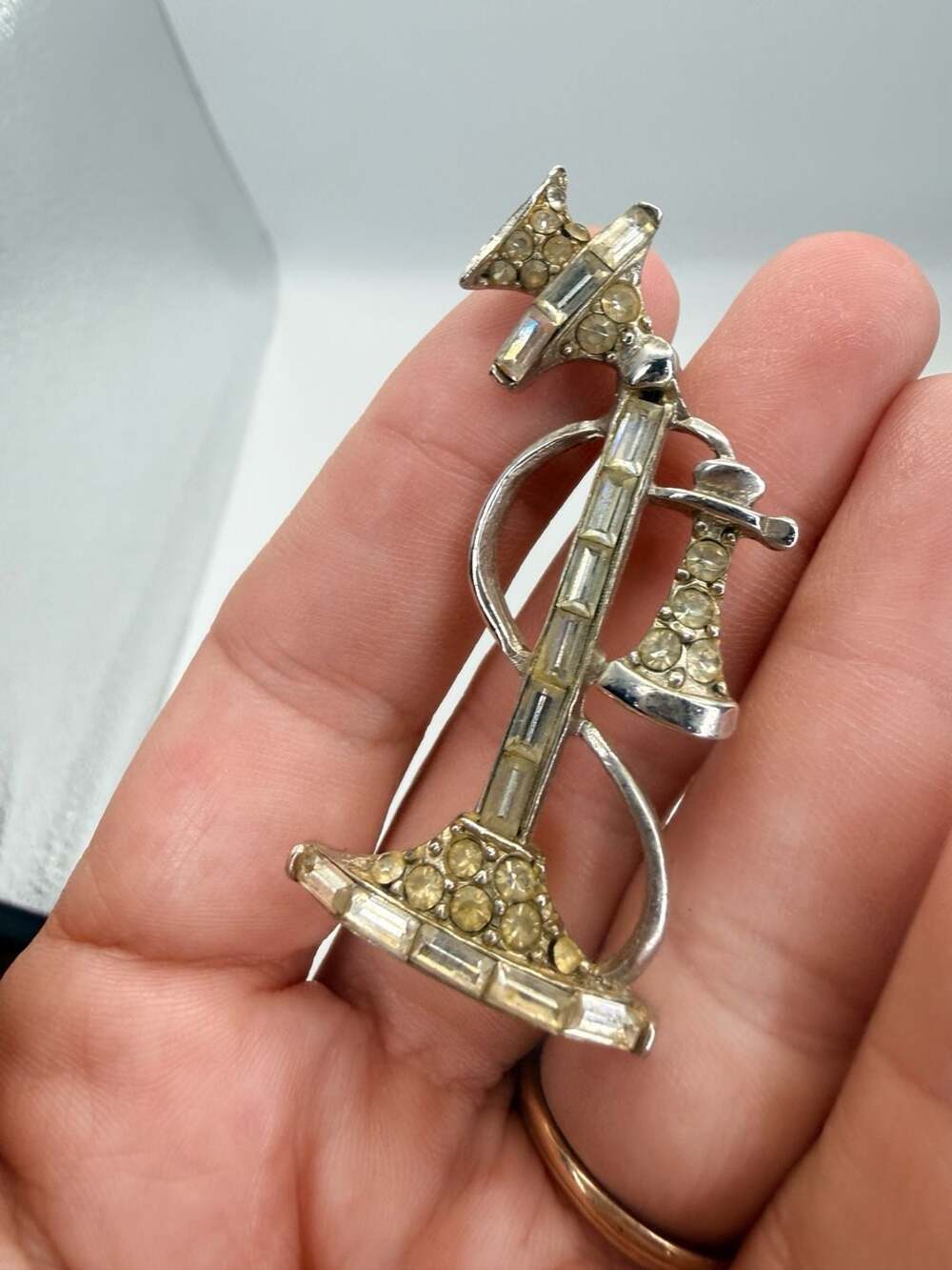 Vintage Rhinestone Candlestick Telephone Brooch Pin